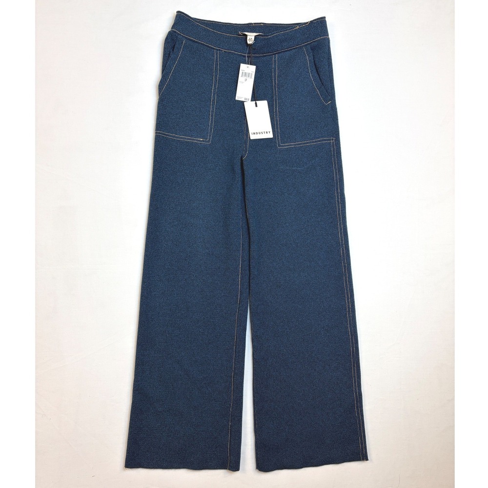 NWT Industry Women Wide Leg Knit Pants Blue Marled High Waist Patch Pocket Small
